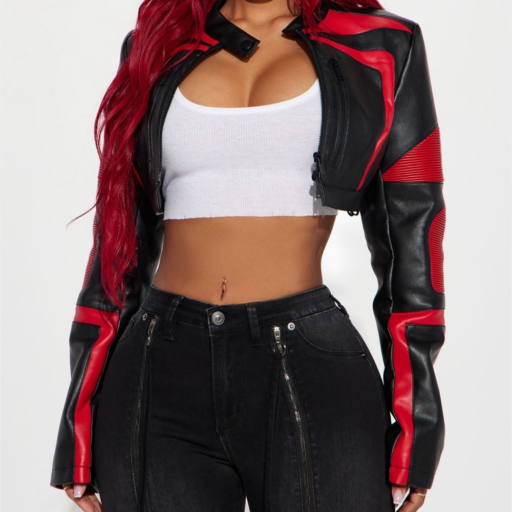 Black and red cropped leather jacket